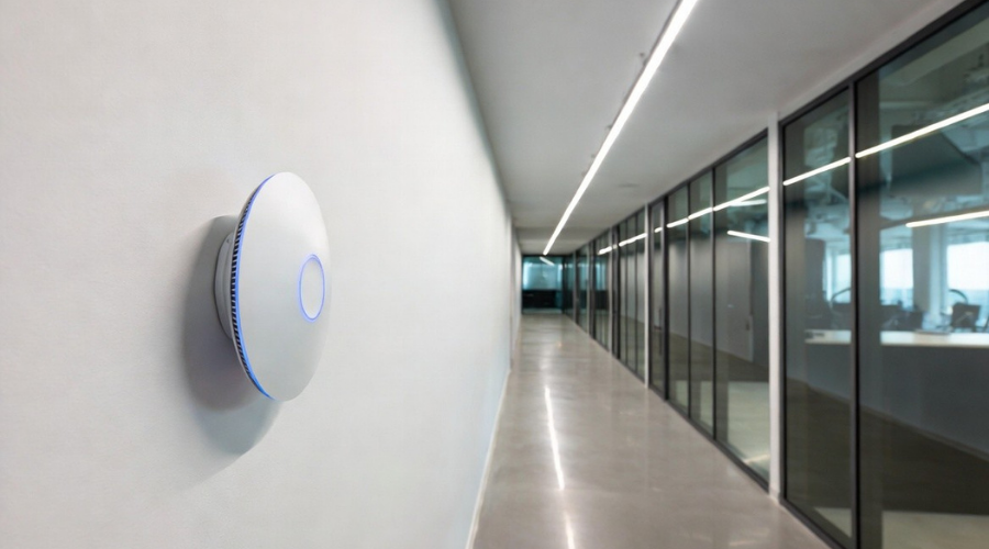 Couloir d’entreprise moderne avec une borne Wi‑Fi professionnelle fixée au mur