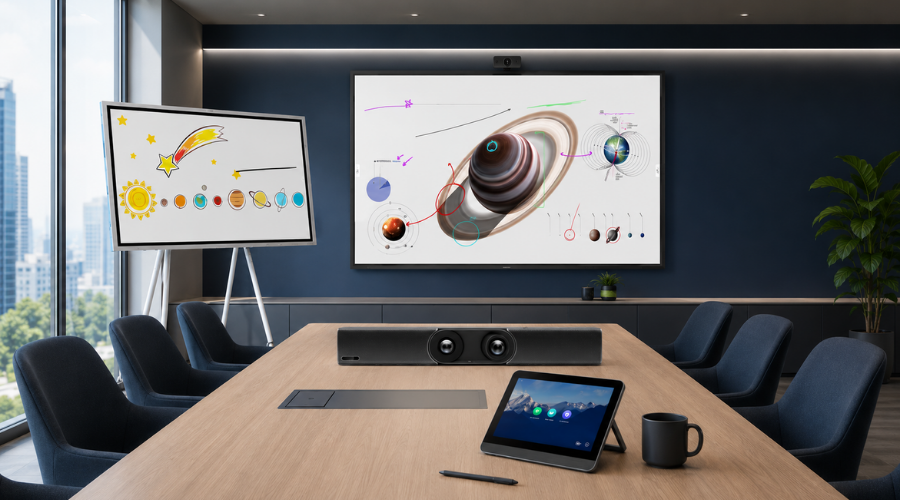 TBI avec barre audio et tablette tactile de contrôle pour la visioconférence