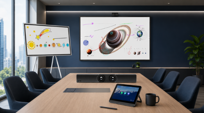 TBI avec barre audio et tablette tactile de contrôle pour la visioconférence